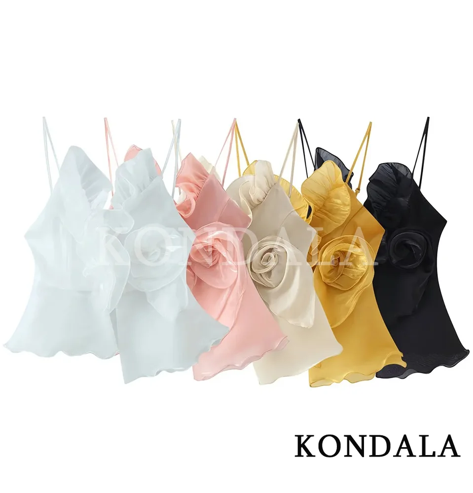 KONDALA Women Elegant Sexy Flounce Trendy Cami Top Sleeveless Flower Backless Top New Fashion 2026 Spring Summer Wedding Tops