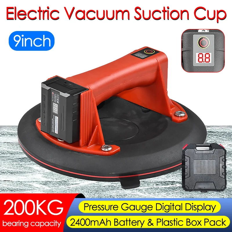 

9in 200KG Electric Vacuum Suction Cup with Pressure Gauge Digital Display Strong Vacuum Sucker Granite Tile Glass Handling Tool