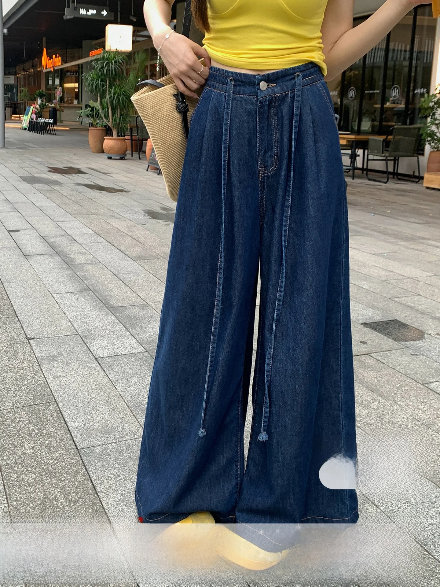 

High Waist Wide Leg Casual Sle Women's Jeans Dstring Waed Vintage Loose Fit Autumn Season Faion plus Size Trousers