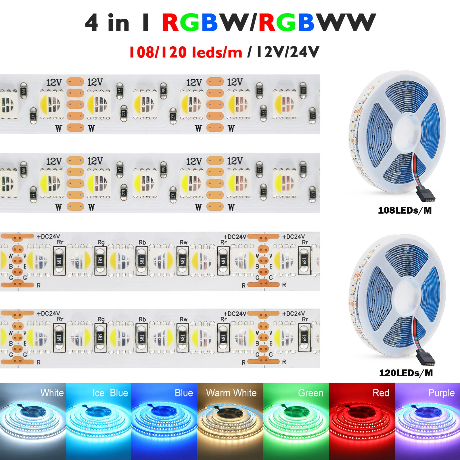5M RGBWW RGBW LED Strip DC12V 24V SMD 5050 108 120 Leds/M 4 Color In 1 Flexible Ribbon Adhesive Tape TV Bar Backlight Home Decor