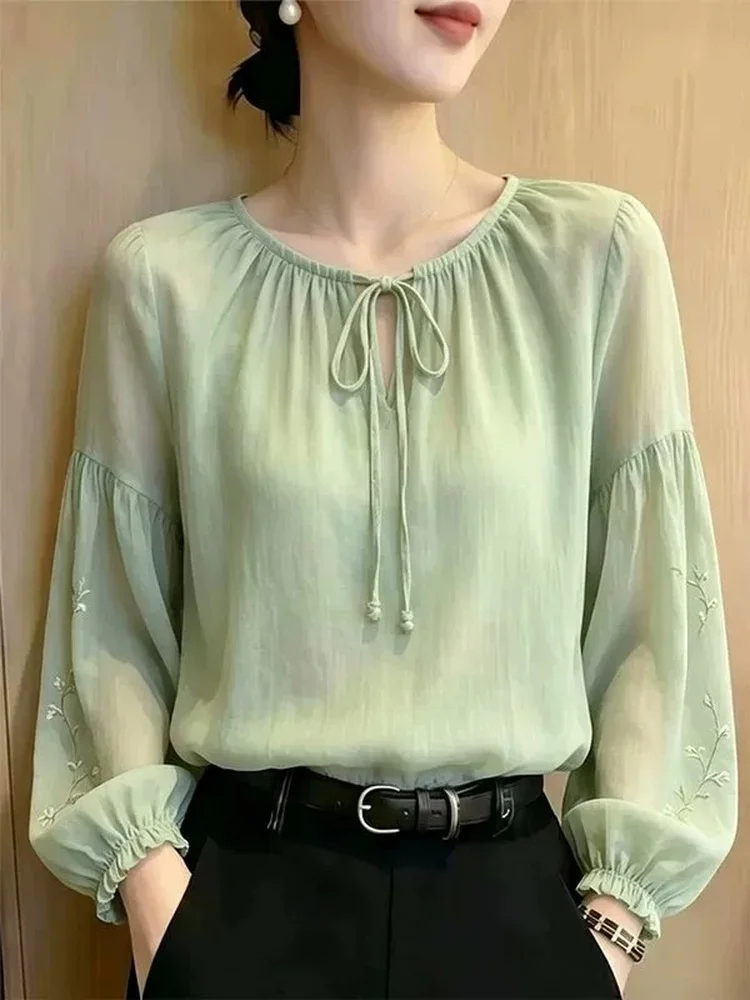 Slimming Effectiveness Brand Collar European Style Women's Embroidered Lantern Sleeve Chiffon Shirt Loose Fit Belted Top