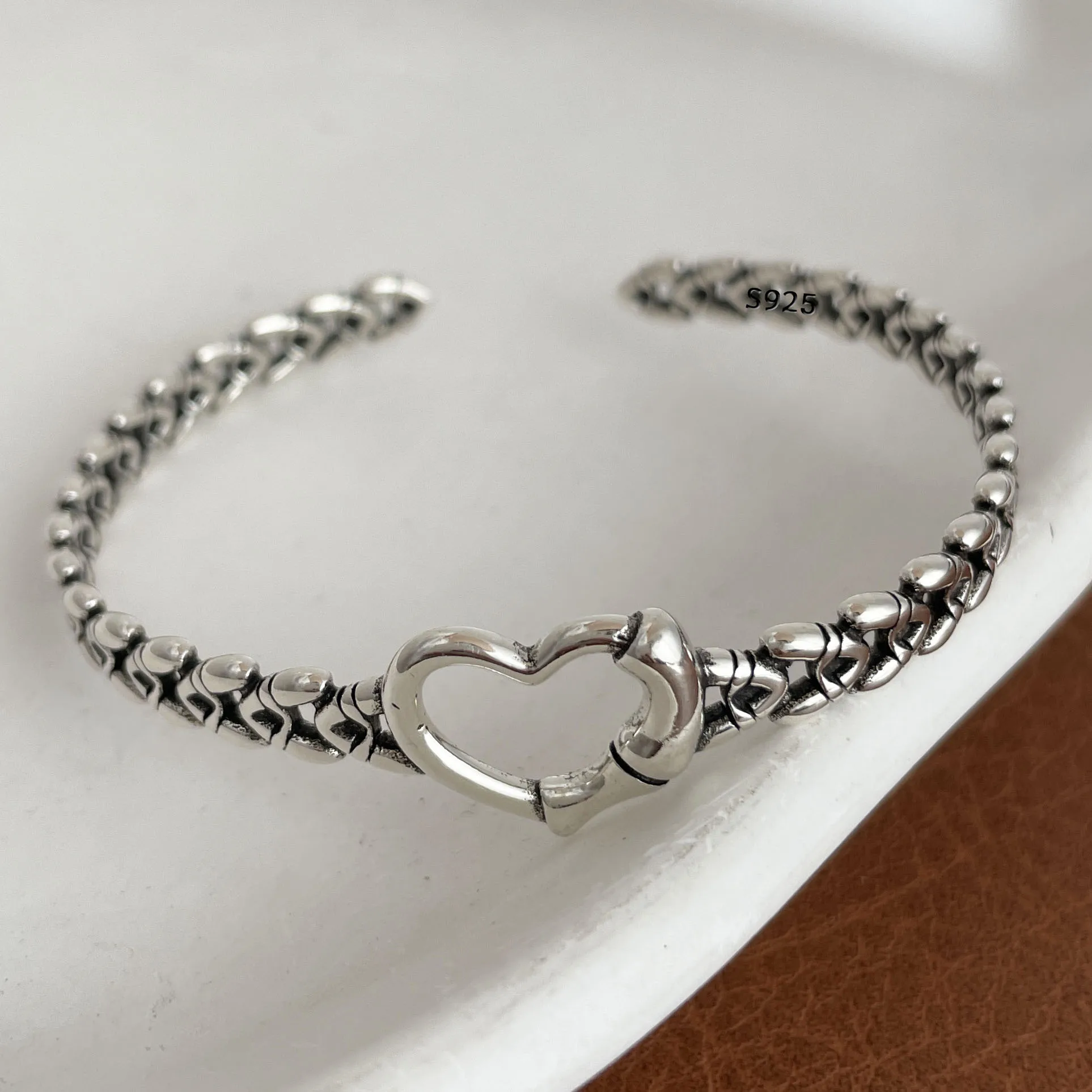 100 % massives 925er-Sterlingsilber-Metallarmband für Damen, Vintage, handgefertigt, schlichtes Retro-Armband mit schwarzem Stein, Geburtstagsgeschenk, Party