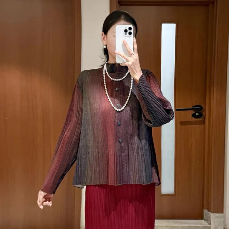 Miyake Pleated Shirt 2025 Women's Oversized Stand Collar Gradient Design Cardigan Fall New Top Elegant Fashionable Outerwear