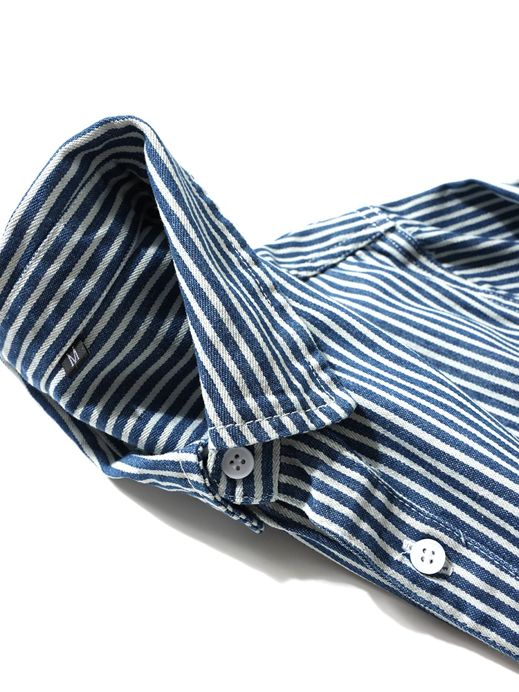 

Classic American Blue White Striped Loose Workwear irt for Men with Double kets Retro Khaki Long Sve Cotton irt