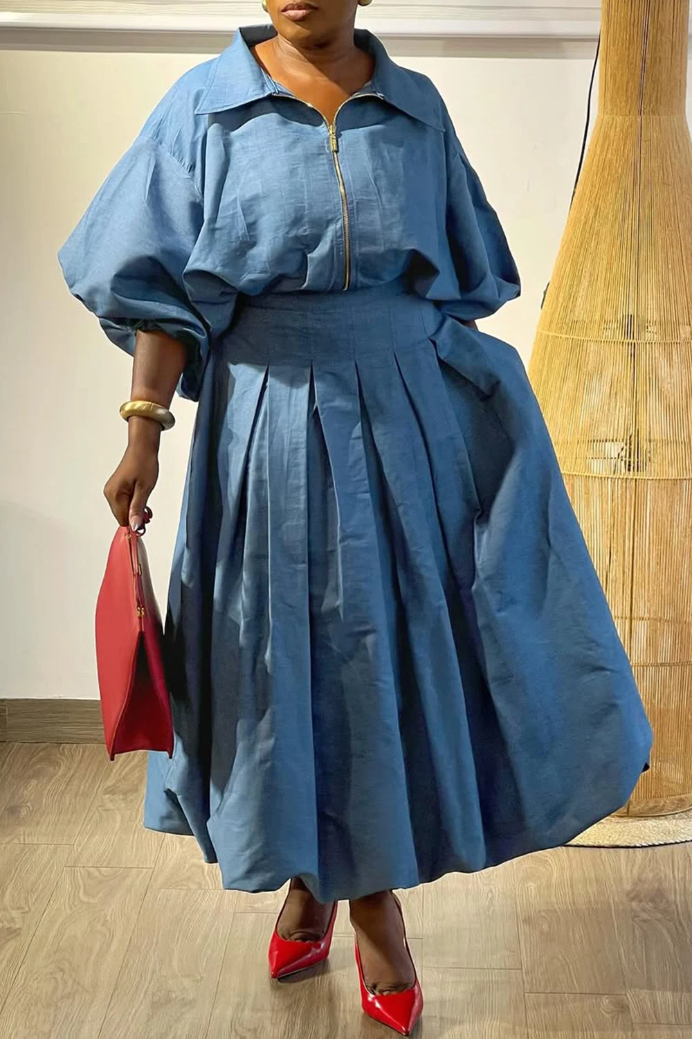 

Plus Size Daily Blue Shirt Collar Lantern Sleeve Long Sleeve Pleated Casual Pocket Two Piece Skirt Sets