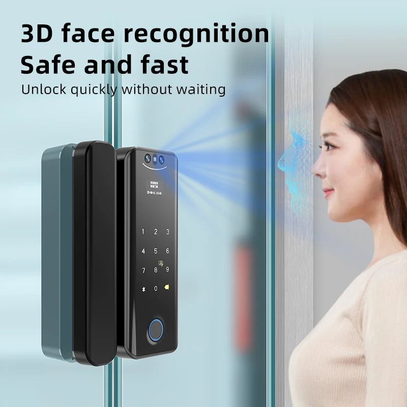 RFID Card Fingerprint Password Glass Door Locks Frameless Face Smart WiFi Aluminum Alloy 100 Users Night Vision Motion Detection