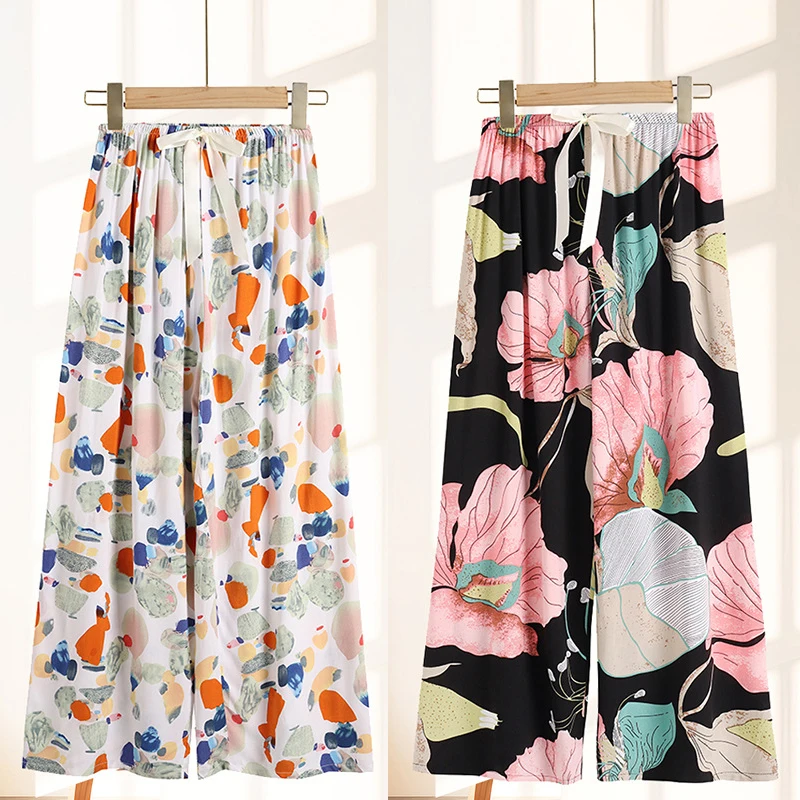 

Lightweight Cotton Silk Wide Leg Pants Casual Summer Women's Breathable Loose Home Wear Nine Points Long Pants Air Conditioni...