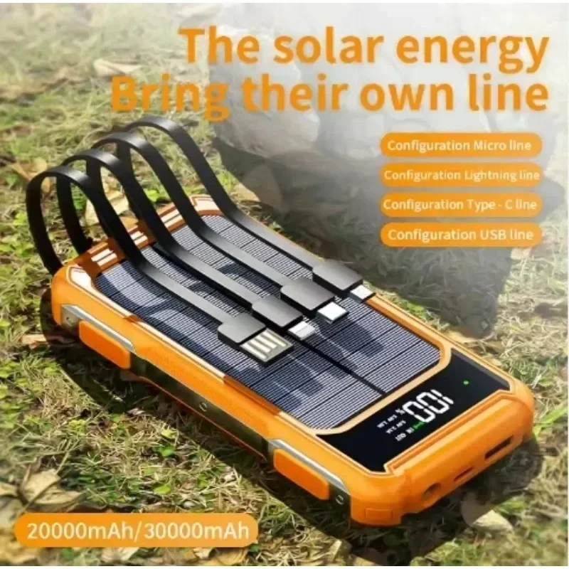 200000mAh Solar Power Bank with 4 Wires Portable Outdoor Mobile Power Solar Large Capacity Panel With LED Flashlight Power Bank