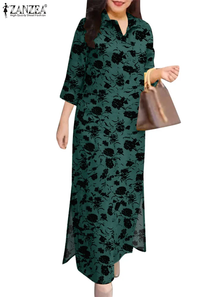 Autumn Summer Fashion Printed Dresses ZANZEA Bohemain Holiday Vestidos Maxi Robe Women Elegant 3/4 Sleeve Lapel Work Sundress