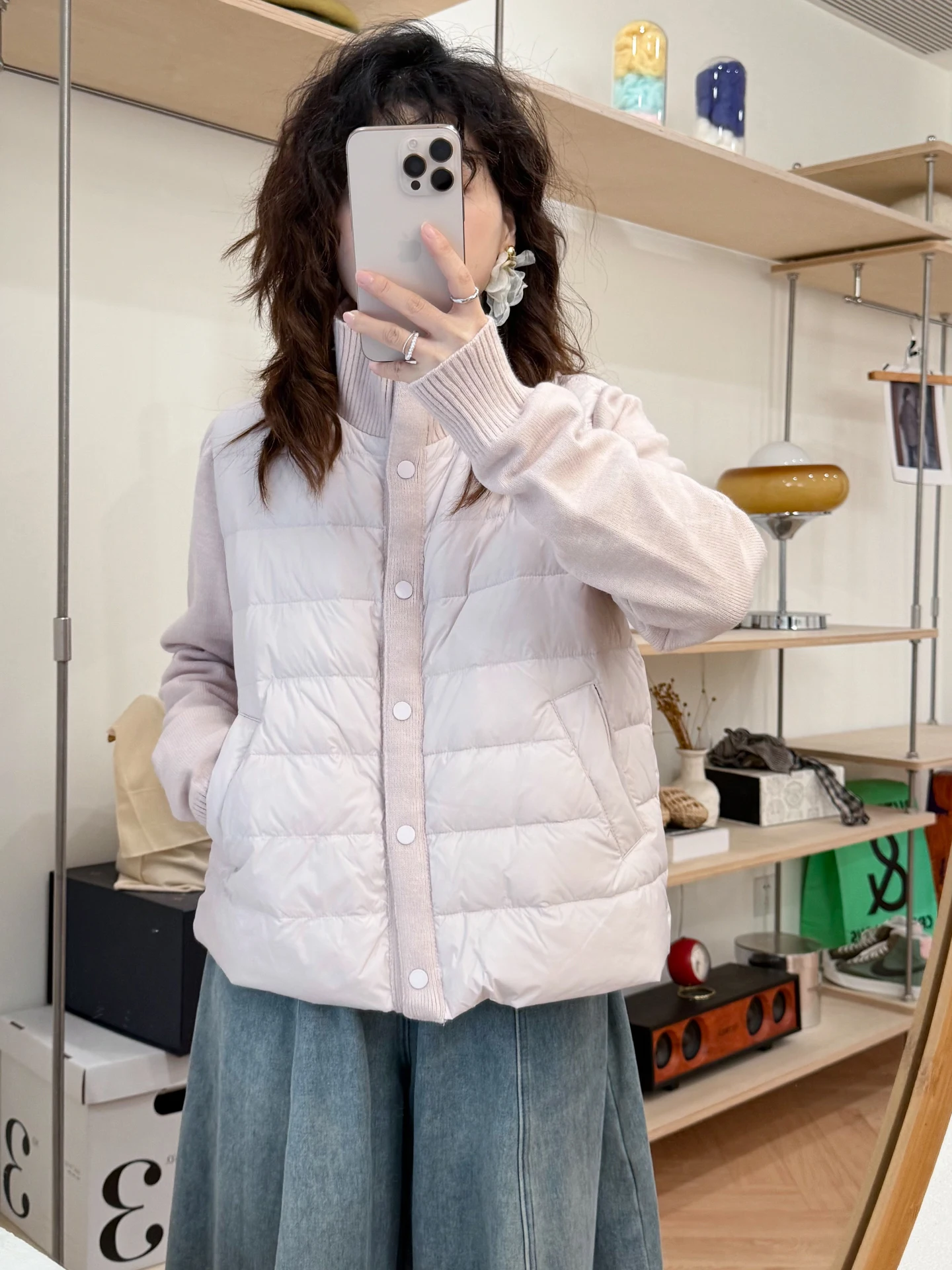 

Girls Knitted Patchwork Loose Fit Stand Collar Du down Jaet Warm Thiened Long Sve Nylon Coat for Daily Wear