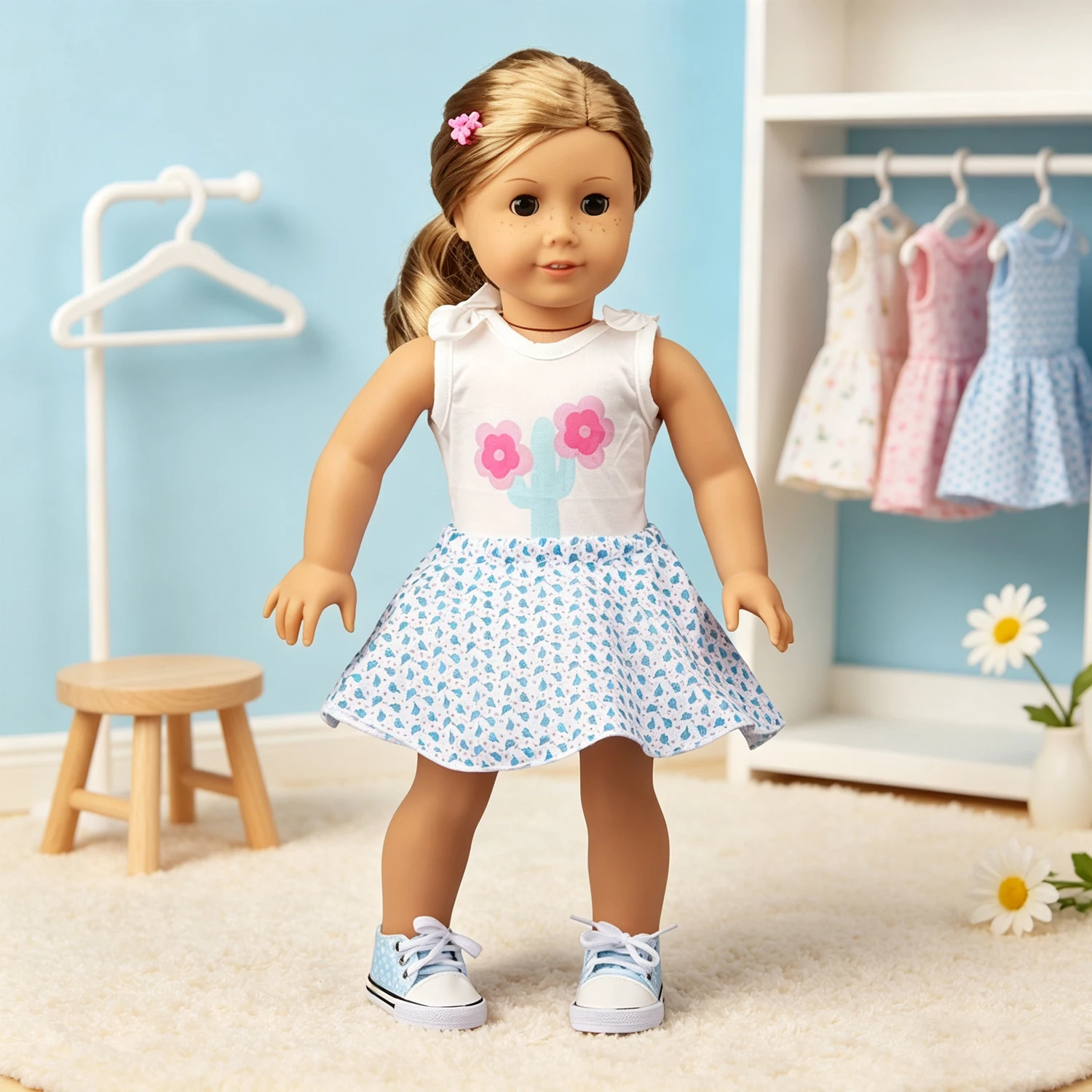 Cute Cartoon Cactus Print Doll Top Skirt Set Polka Dot Canvas Sneakers Fashion Accessories for 18" American & OG Girl Dolls Toy - view 6