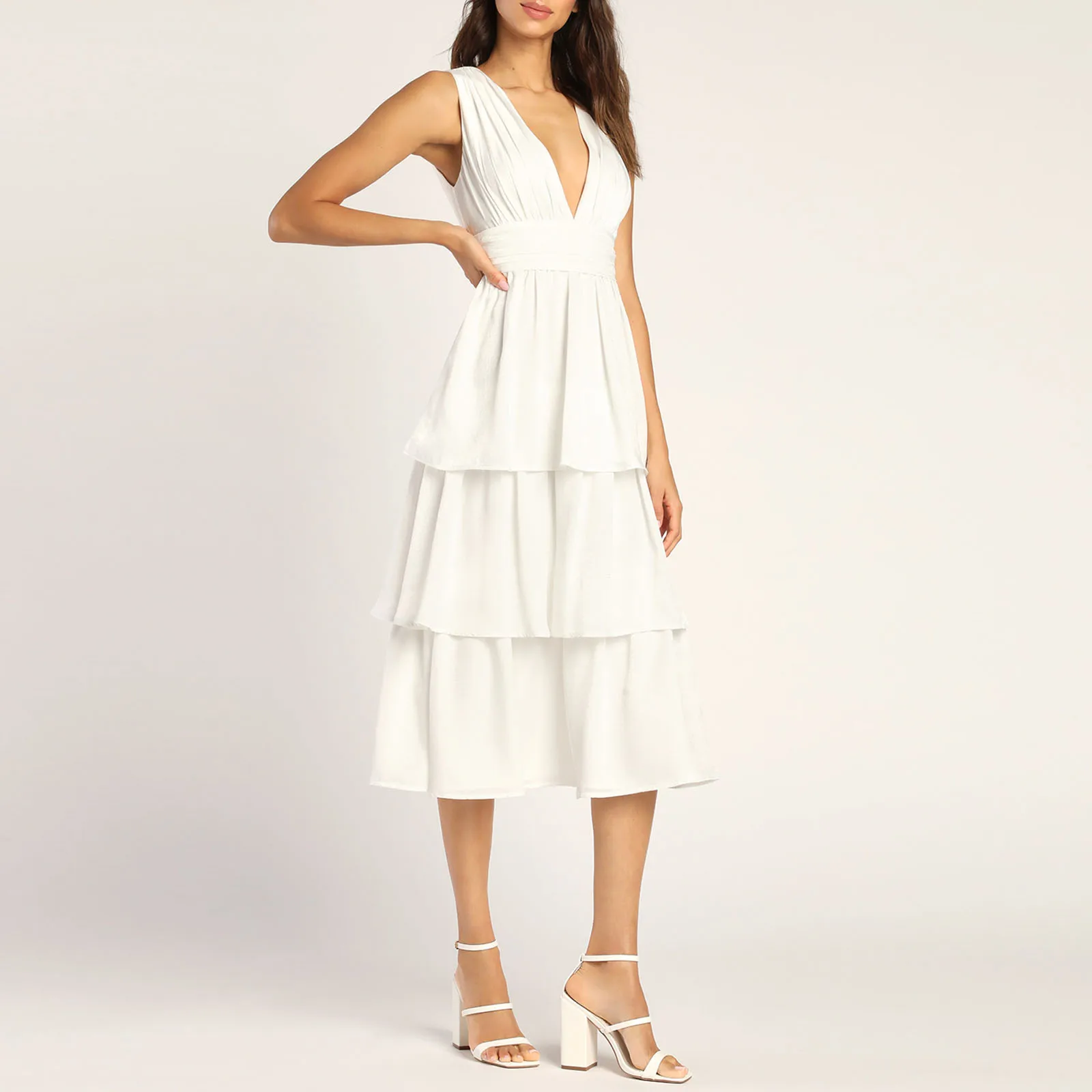 Elegante Vestido Midi Cetim Feminino, Monocromático, Sem Mangas, Decote V, Ruffle em Camadas, Festa Noturna, Coquetel Clube