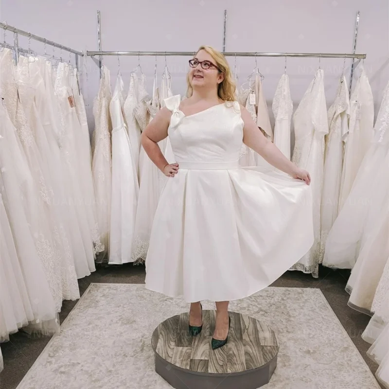 Plus Size Korte Trouwjurken Enkellange Strik Bandjes Satijn Eenvoudige Vintage Bruidsjurken Kanten Gewaad Feestjurk Vestido De Novia