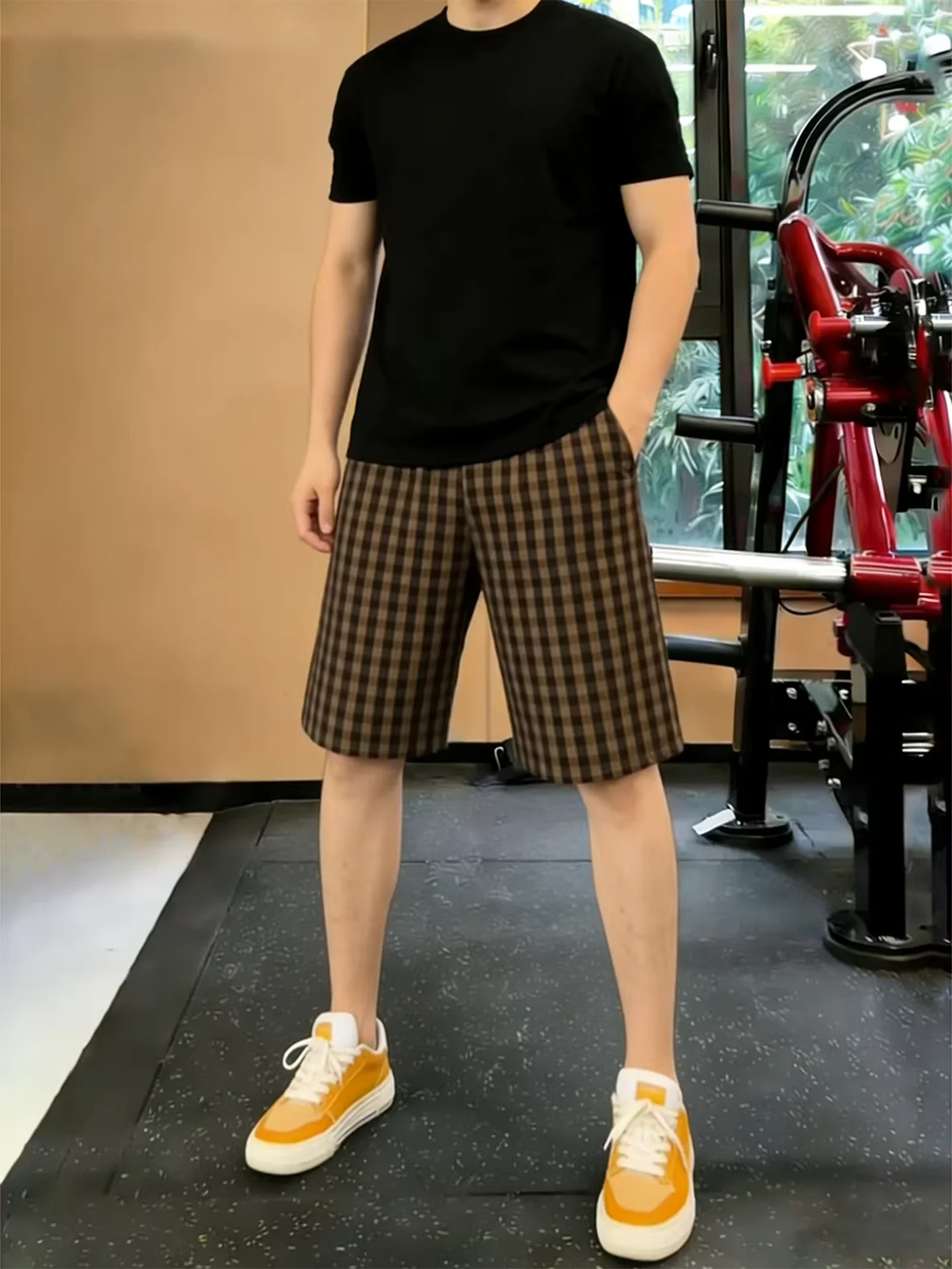 Brown Plaid Bubble Sport Shorts Men's Summer Ice Silk Cool Feeling Fitness Pants American Quick Dry Five Parts Pants