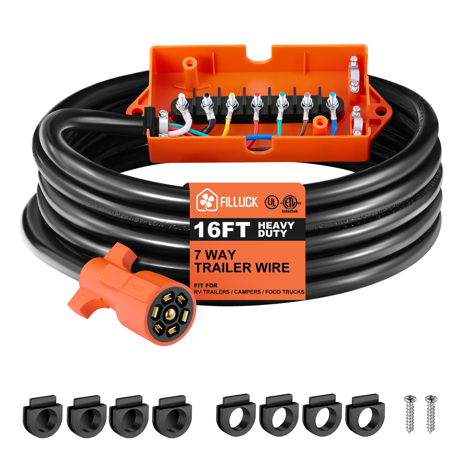 

(16ft)7 Way Trailer Plug Cord Wiring Harness with Junction Box, Light & Brake Control 7 Inline Trailer Cable for RV Standard