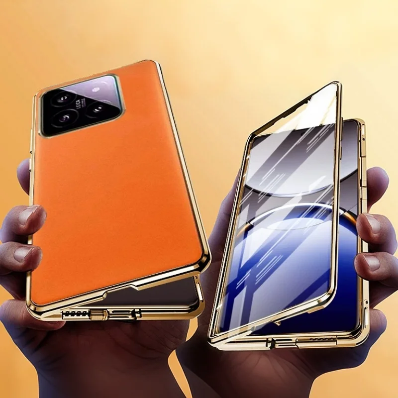 

For Xiaomi 15 Pro Tempered Glass For Xiaomi 14 Ultra Full Lens Protection Magnetic Metal Phone Case PU Leather Back Cover Cases
