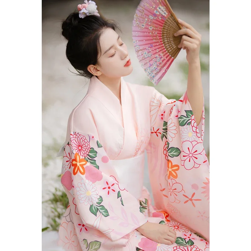 Japanese women traditional dress kawaii pink sakura kimono geisha cosplay costume dance performance photoshooting clothing oi405