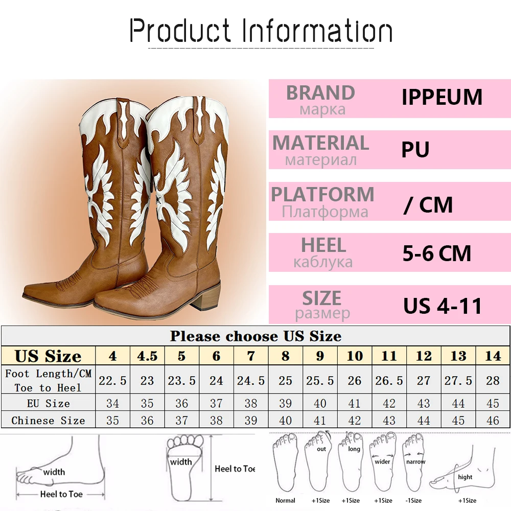 IPPEUM Western Cowboy Boots For Women Firebird Embroidery Leather Knee High Boot Country Western Brown Cowgirl Shoes Plus Size44