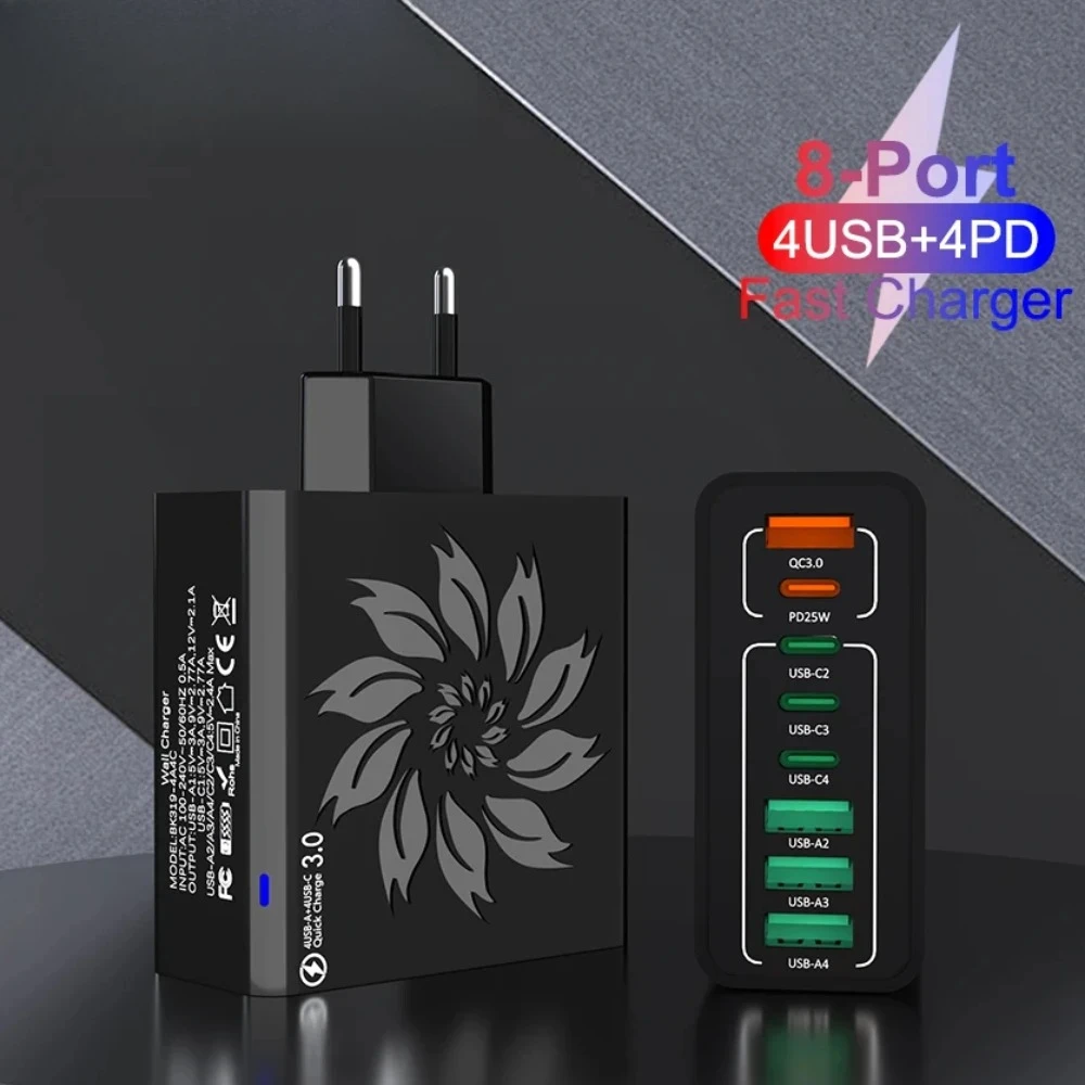 8 Ports USB C Charger Fast Quick High Speed Charging Type C PD Wall Phone Adapter for IPhone 16 Xiaomi 17 Samsung EU/US/KR Plug