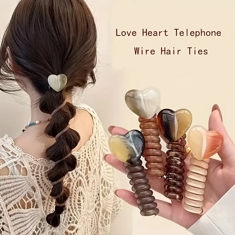 

4-Piece Set of Elegant Heart-shaped and Geometric Pattern Hair Rings - Suitable for Girls' Daily Accessories in All Seasons