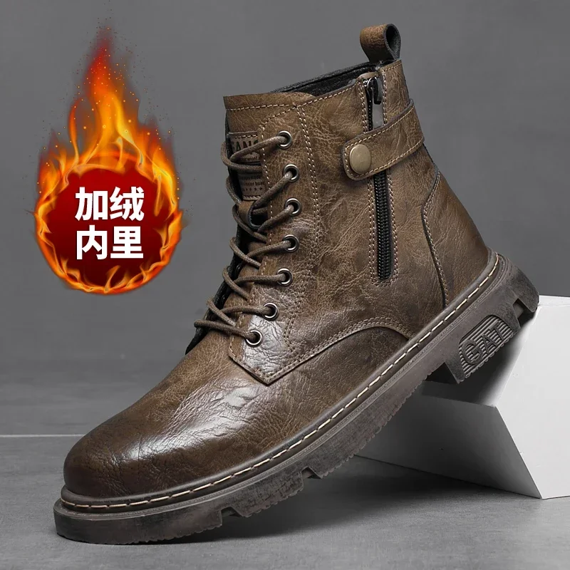 2024 Men\'s Genuine Leather Boots High-top Mens Work Shoes Plus Velvet To Keep Warm Non-slip and Wear-resistant Motorcycle Boot