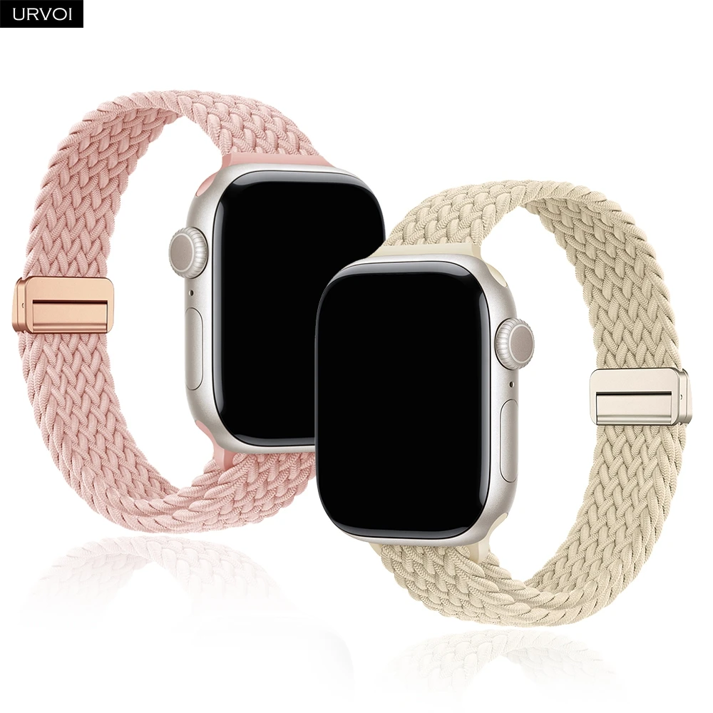 URVOI Schlankes, elastisches Nylonband für Apple Watch Serie 11, 10, 9, 8, 7, 6 SE, geflochtenes Schlaufenarmband mit Magnetschnalle, Mädchen-Armband, 40, 42 mm