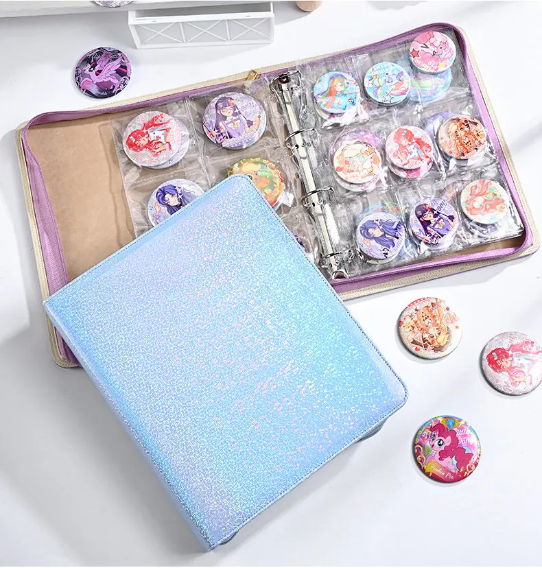 A4 D-Ring Zipper Binder Holographic Glitter Photocard Holder Large Badge Pin Collection Album 9 Pocket Anime Merch Storage Bag