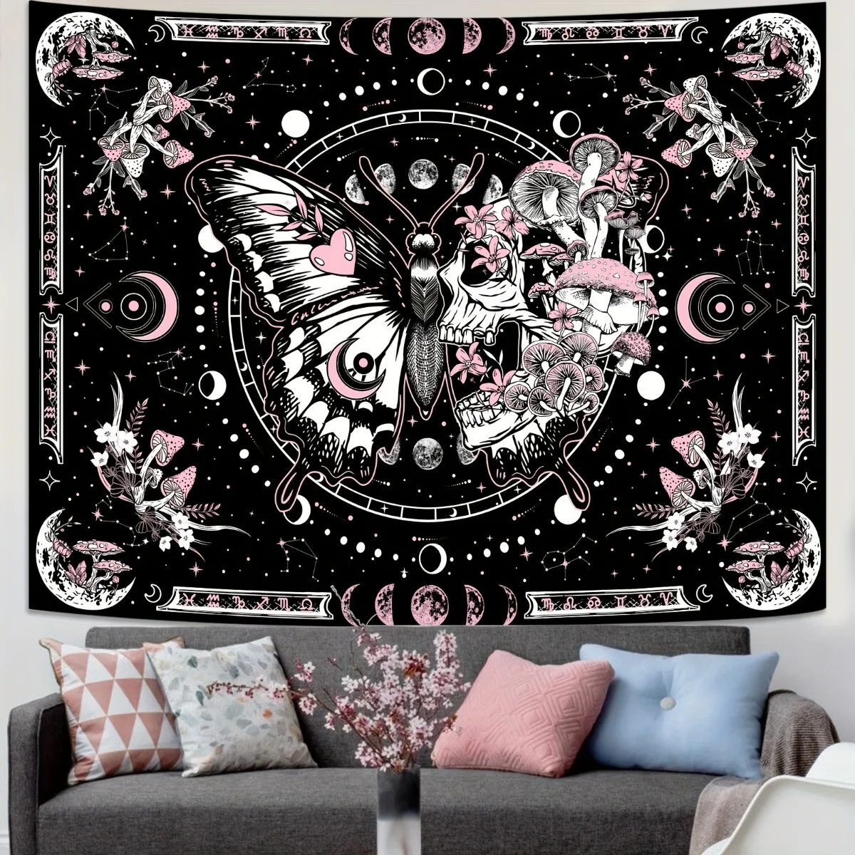 Gothic Boho Tapestry  Pink Skull & Black Butterfly With Mushroom & Bat Wing Design  Dark Floral Wall Hanging For Bedroom Living
