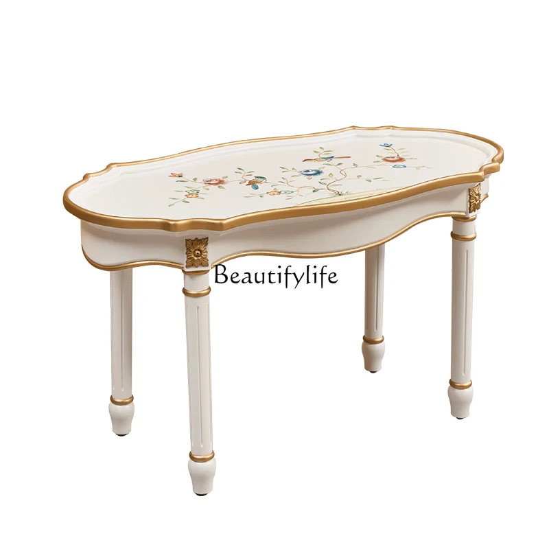 

French living room furniture hand-painted ivory white coffee table oval solid wood table