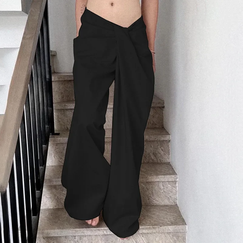 Y2K Womens Low Waist Casual Pants European American Street Style Personality Irregular Twisted Waist Loose Wide Pants