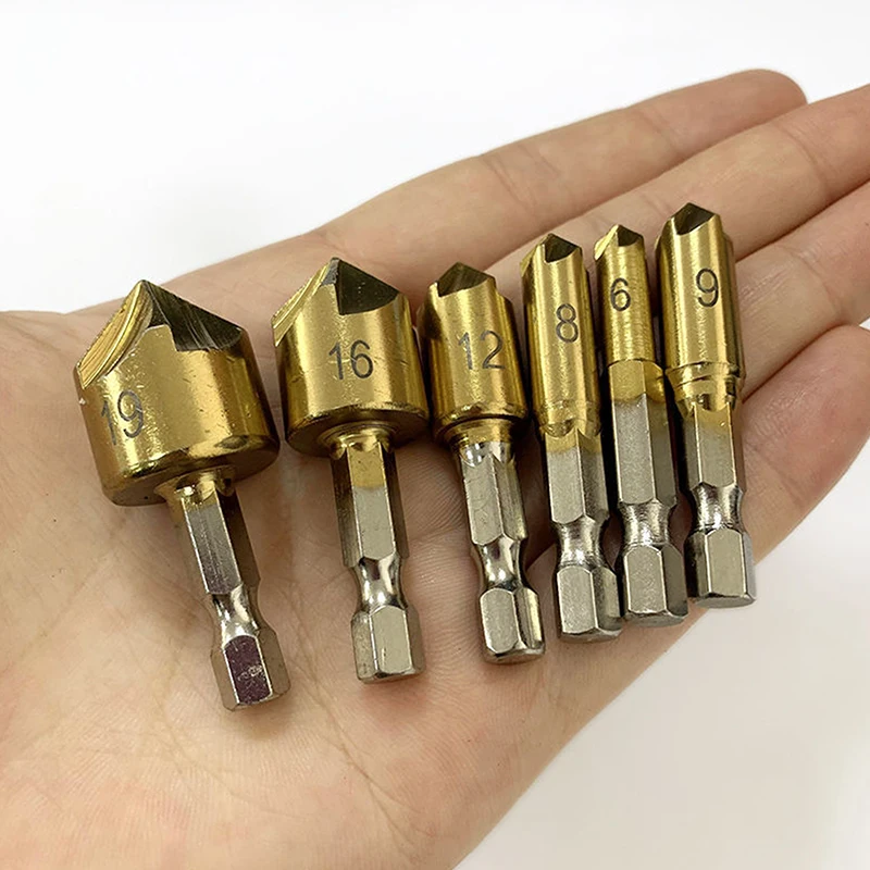 6Pcs Titanium Coating Countersink Drill Bit 1/4'' Hex Shank High Speed Steel 90 Degree Wood Chamfer Cutter 6/8/9/12/16/19mm