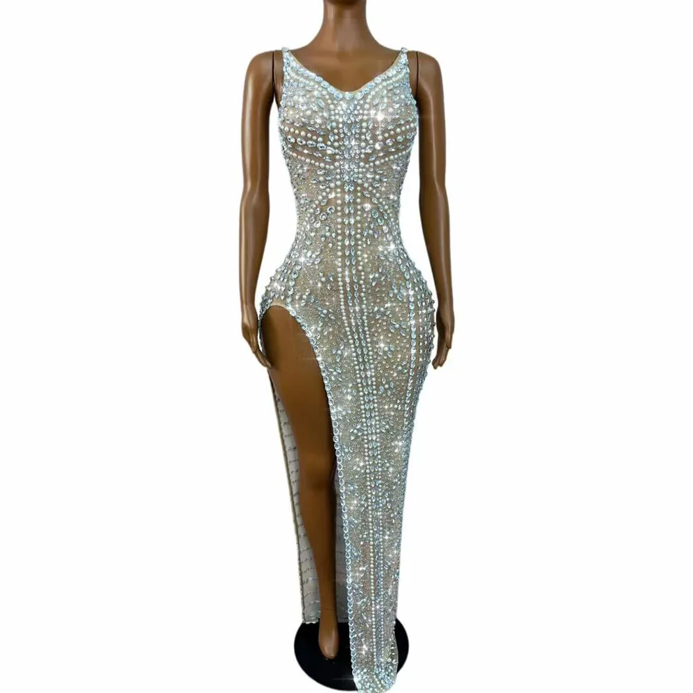 

Sexy Shining Pearls Rhinestones High split Mesh Dress Women Evening Cocktail Birthday Party Wedding Gown Red carpet Stage Wear