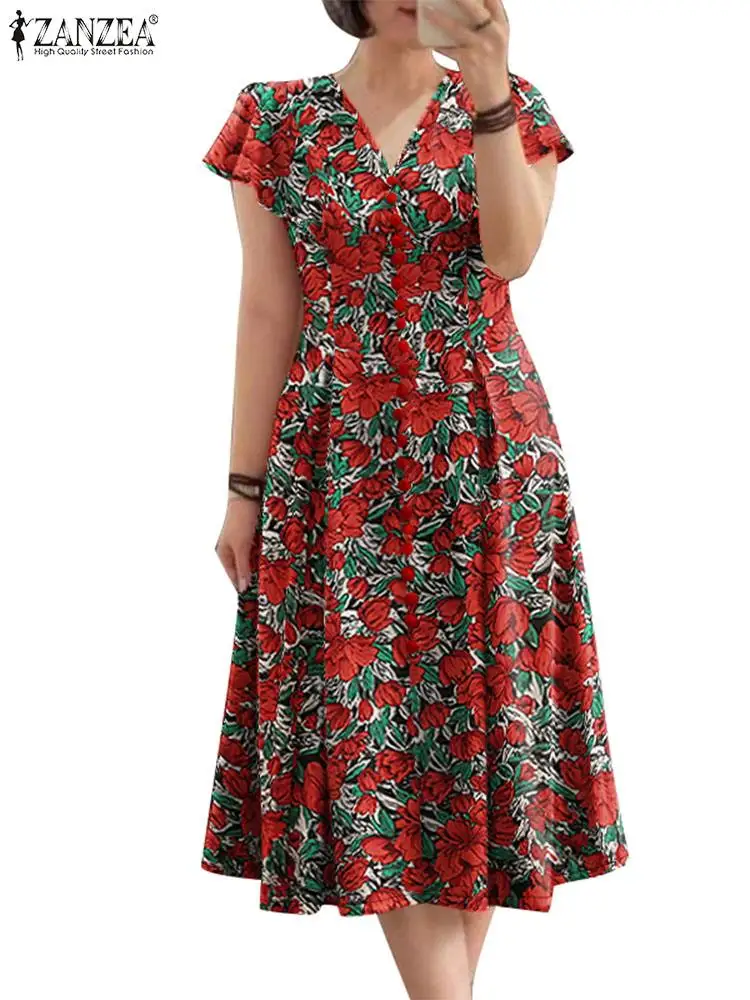 Elegant Women V Neck Short Sleeve Sundress Summer Dress 2024 ZANZEA Bohemain Floral Print Dresses Stylish Holiday Party Vestidos