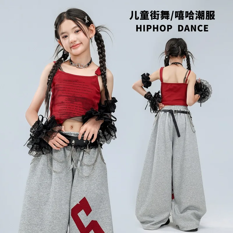 Girls Jazz Hip Hop Costume Print Vest Top Baggy Pants Cool Sets Group Street Dance Outfit Performance Clothes Stage Wear