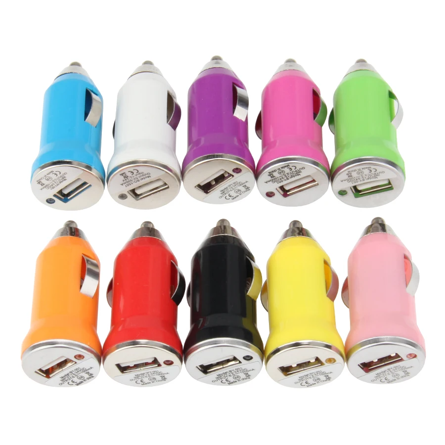 200pcs Cheapest Colorful Mini Bullet Universal Car Charger 5V 1000ma Portable USB Car Charger Adapter for Mobile Cell Phone