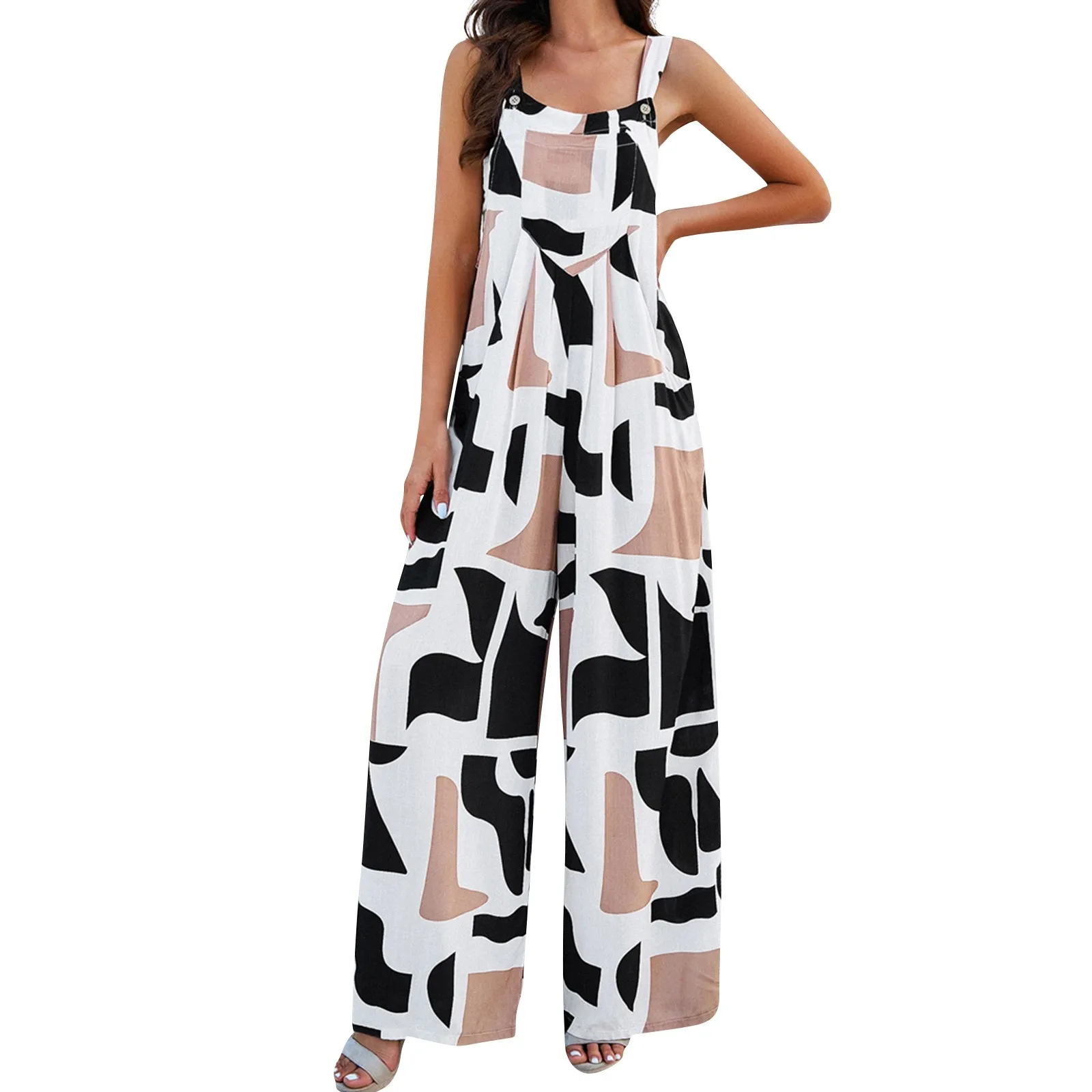 2024 Zomer Nieuwe Modieus Print Wijde Pijpen Jumpsuit Europese Amerikaanse Vrouwen Mouwloze Zakken Playsuit Casual Rompertjes Jumpsuits