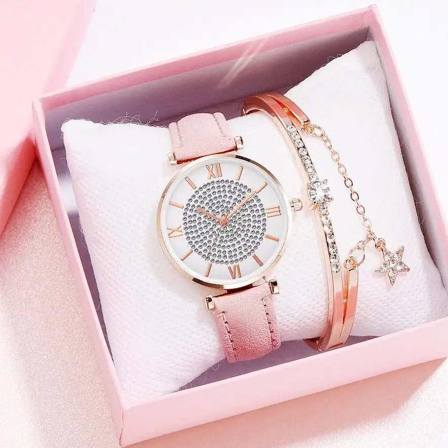 

Women Watch Rhinestone Pink Ladies Watches Matte Strap Female Wristwatches Simple Roman Dial Clock Fashion Gift New montre femme