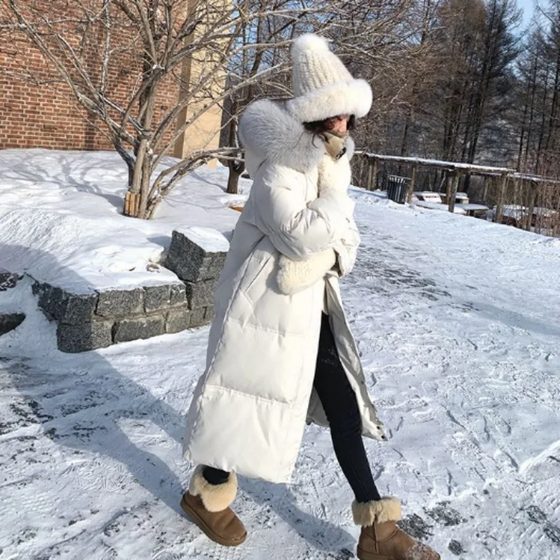 Abrigo de plumón de pato blanco para mujer, chaqueta de longitud media con Cuello de piel, Parkas gruesas, abrigo cálido con capucha, prendas de vestir de invierno, nuevo, 2023