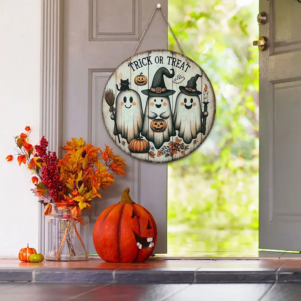 1Pc, 2D Wooden Halloween Three Cute Ghost Broom Spoof Pumpkins 7.9Inch/20Cm Round Hanging Sign Wall or Door Decor Wall Art