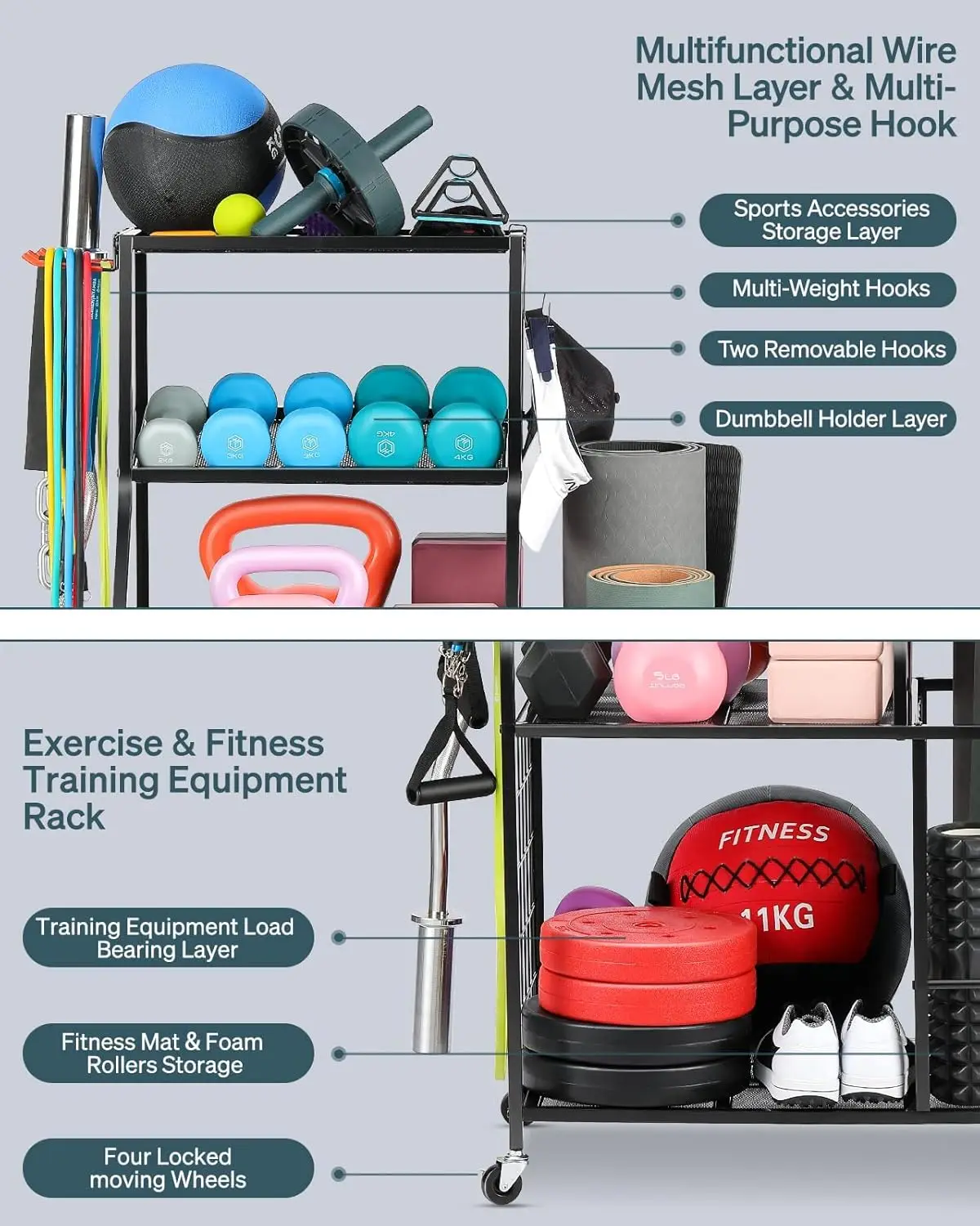 رف تخزين متعدد الوظائف للصالة الرياضية مع عجلات لحمل الأثقال وحصائر اليوغا ومعدات اللياقة البدنية