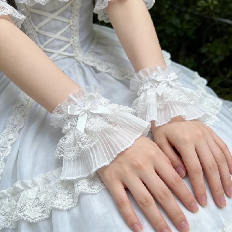 

Women Short Arm Sleeves Lace Wrist Cuffs Bracelets Bowknot False Sleeves Black White Gloves Gothic Fingerless Gloves