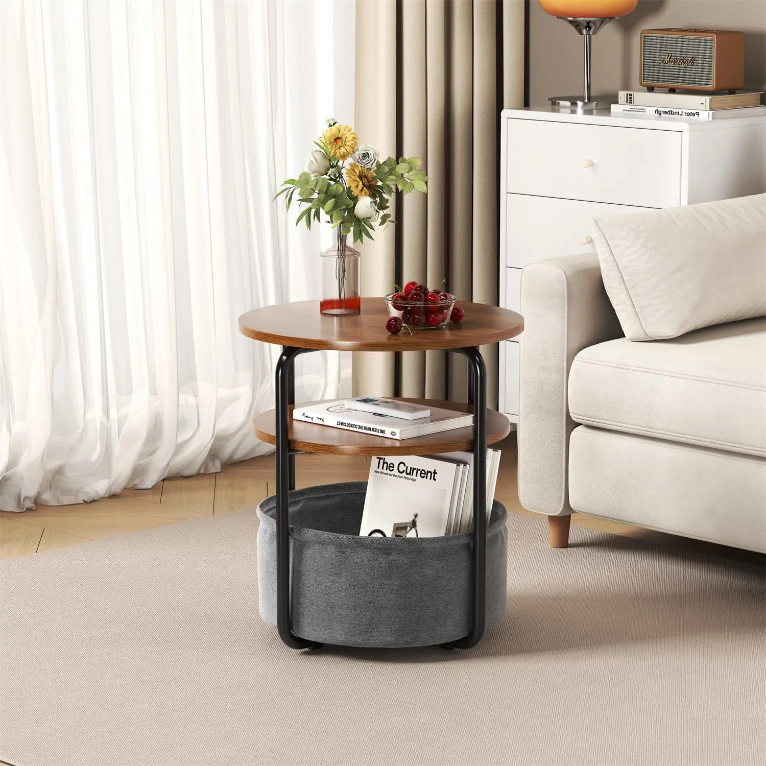 3-Tier Computer Desk with Removable Fabric Storage Basket Multi-Layer Storage Bedside Laptop Desk for  Dormitory and Bedroom Office Desks Furniture