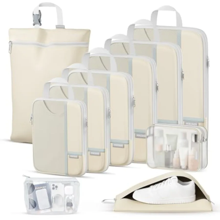 

Набор компрессионных упаковочных кубов Percover из 10 предметов: органайзер для путешествий с несессером, мешком для белья, мешком для обуви, бежевый компрессионный органайзер для хранения