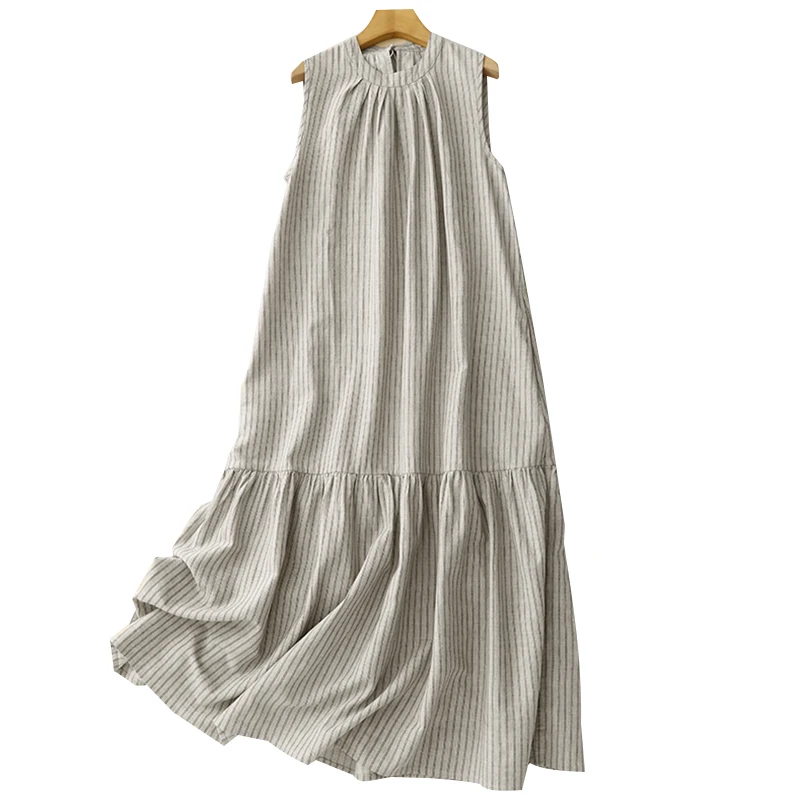 Women Long Dress Summer 2025 Cotton Linen Vertical Strips Loose Boho Casual Streetwear Holiday