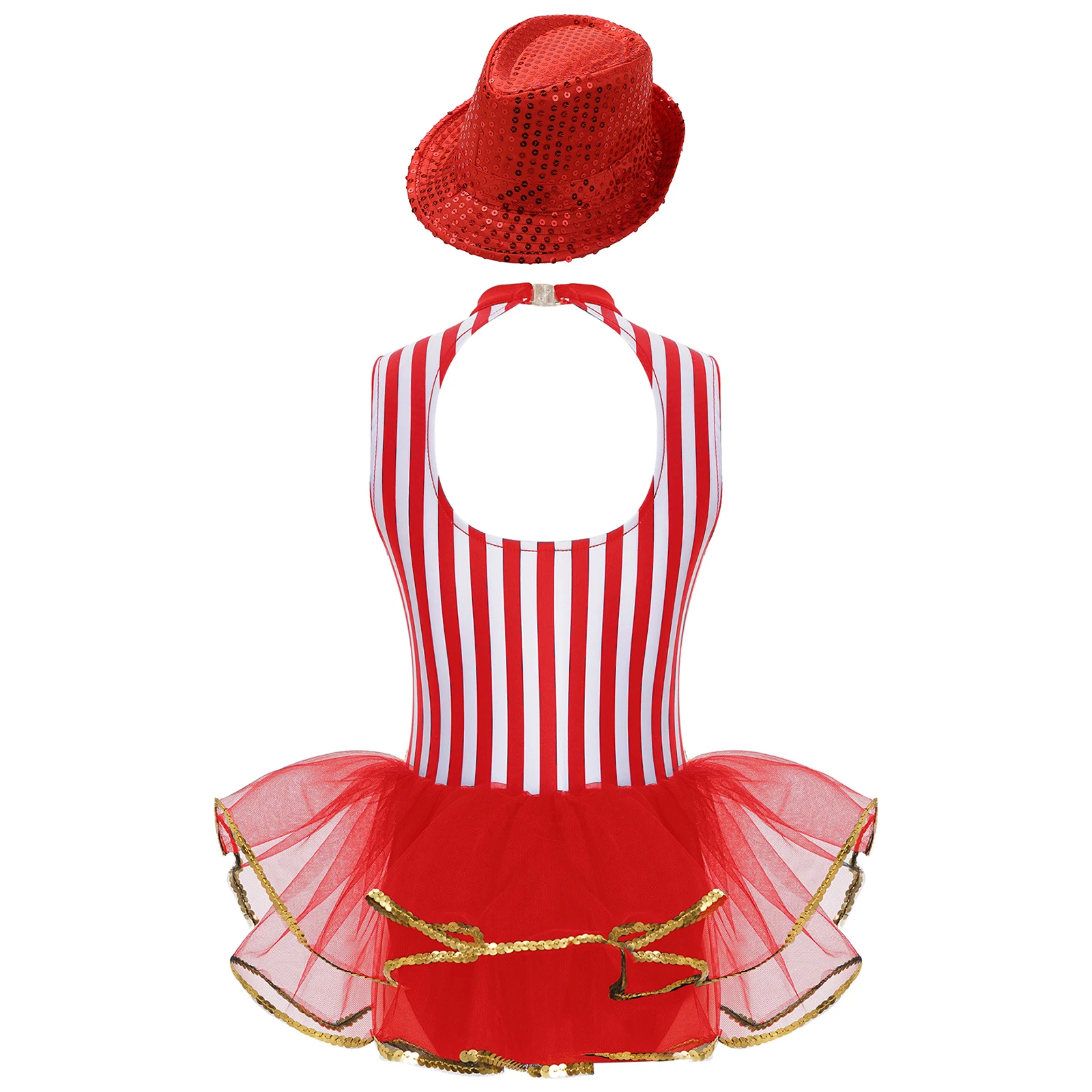 Kids Girls Jazz Dance Dance Unitards Sleeveless Sequined Trim Open Back Tulle Skirted Striped Leotard with Sequins Hat view 5
