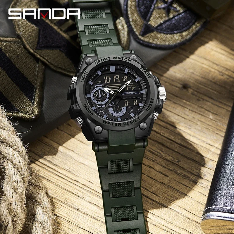 SANDA 탑 G 스타일 듀얼 디스플레이 전자 군용 남성용 시계 야외 스포츠 스톱워치 알람 시계 LED 아날로그 디지털 시계