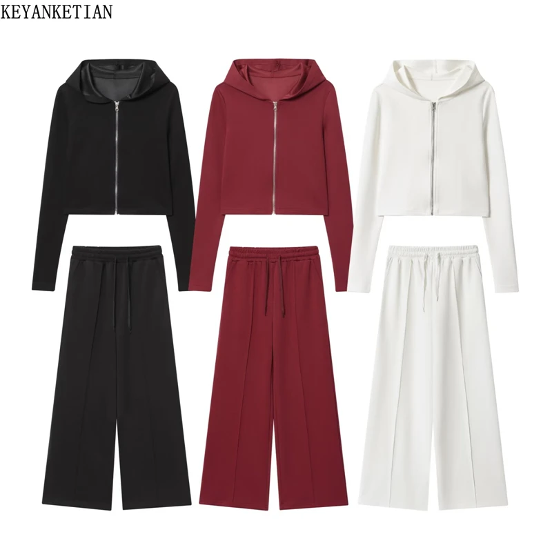 

KEYANKETIAN 2026 New Women's Cropped Zip Up Knitted Hoodie Tracksuit Set High Waist Wide Leg Sweatpants 2 Piece Loungewear