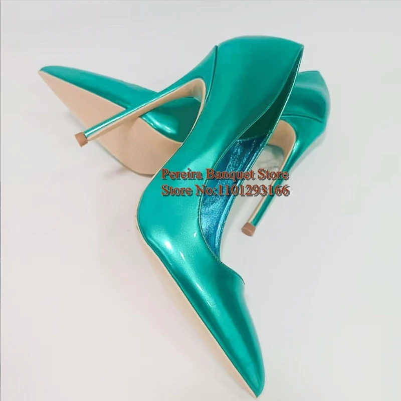 الأخضر لامع الجلود كعب مضخات الأحذية أشار تو الانزلاق على 12 سنتيمتر 10 سنتيمتر 8 سنتيمتر الضحلة فستان أحذية حجم 45 #5