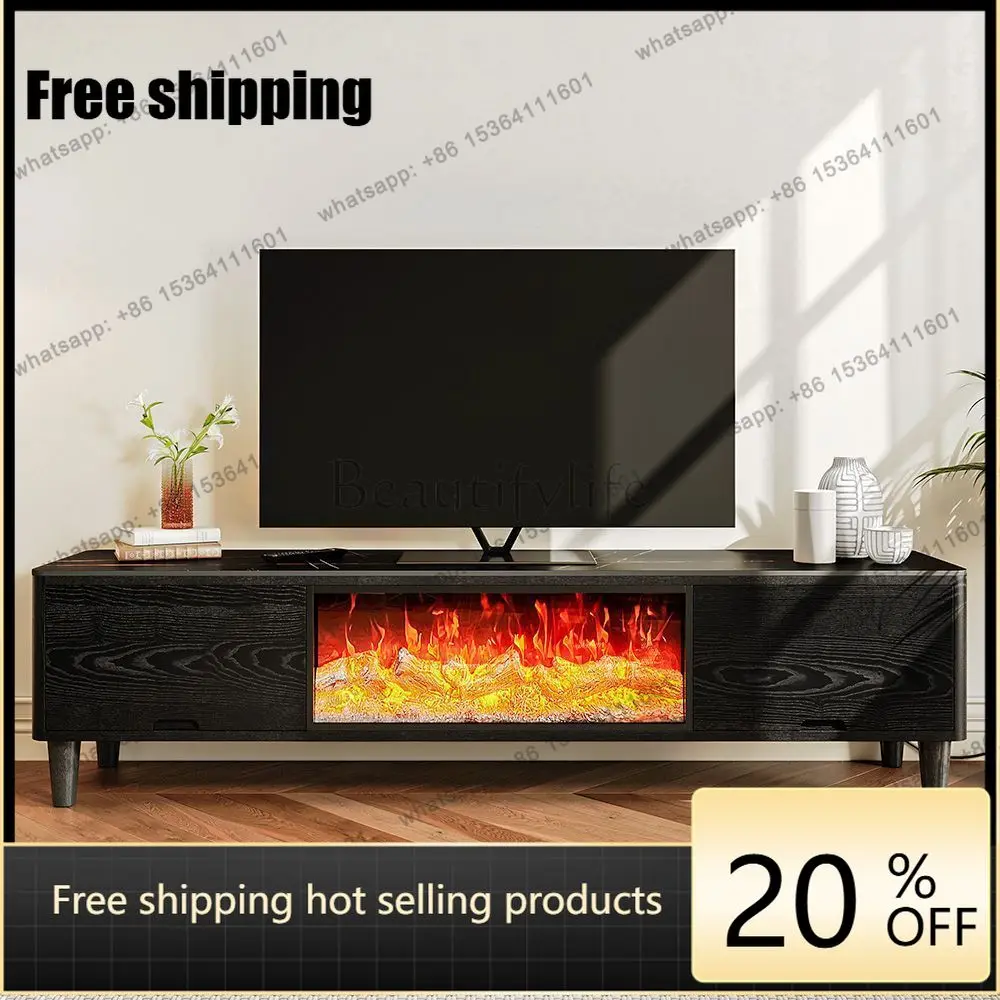Nordic French solid wood fireplace TV cabinet rock slab surface simulation flame decorative floor cabinet