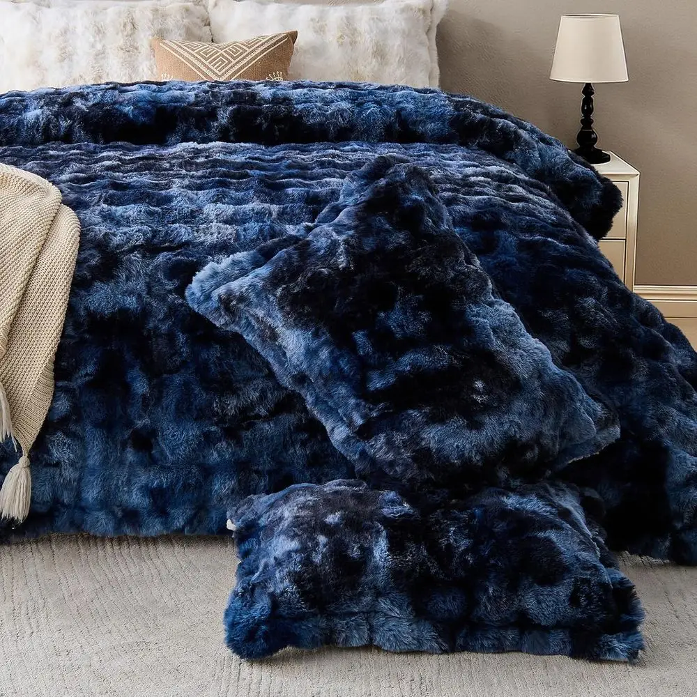 Komplet pościeli Queen Size Tie-Dye Navy z imitacji futra królika: pluszowa, ciepła i przytulna pościel na zimę